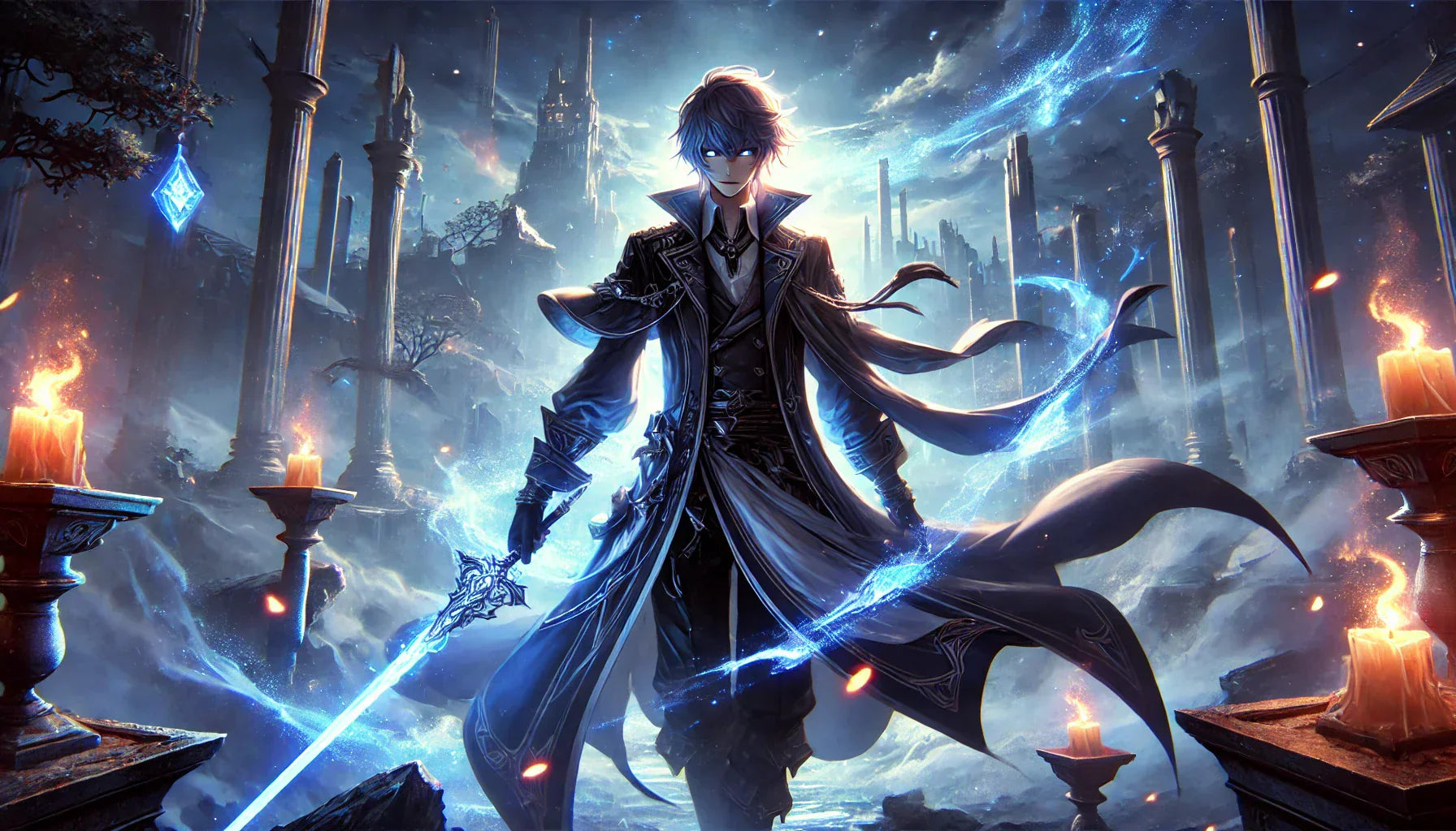 Ein mächtiger Anime-Krieger steht in einer dunklen, atmosphärischen Umgebung mit leuchtenden Effekten – inspiriert von Solo Leveling.