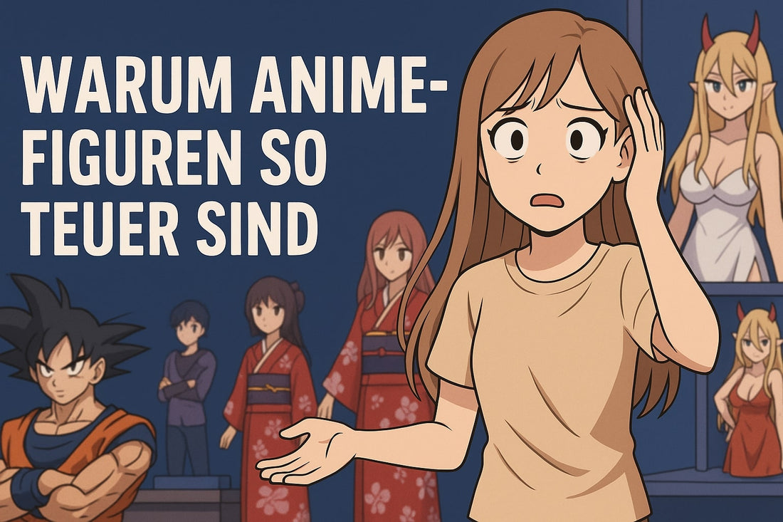 Titel: Warum Anime-Figuren teuer sind. Eine aufgelöste Person hält sich mit der linken hand an den kopf und wundert sich. Dahinter sind viele unterschiedliche Anime-Charaktere als Anime-Figuren