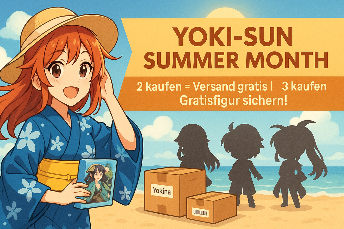 Anime-inspirierte Illustration einer fröhlichen jungen Frau im Yukata mit Sonnenhut am Strand, die eine Anime-Figurenbox hält. Neben ihr stehen zwei Versandkartons mit Yokina-Logo sowie drei silhouettierte Überraschungsfiguren.