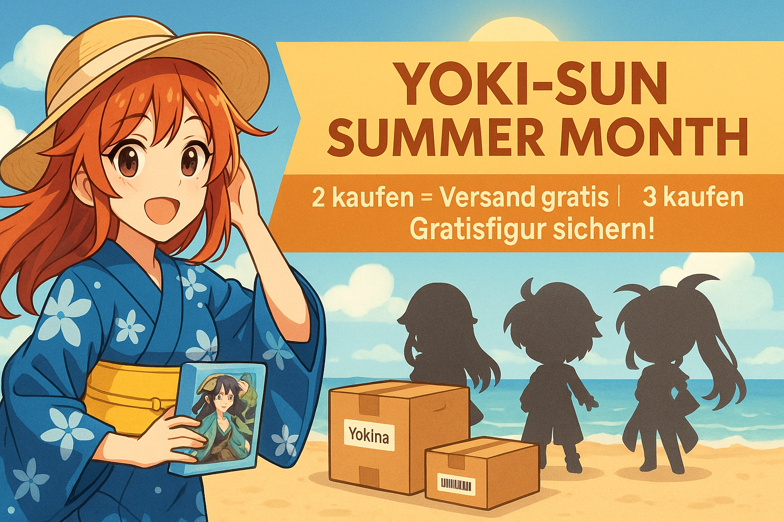 Anime-inspirierte Illustration einer fröhlichen jungen Frau im Yukata mit Sonnenhut am Strand, die eine Anime-Figurenbox hält. Neben ihr stehen zwei Versandkartons mit Yokina-Logo sowie drei silhouettierte Überraschungsfiguren.