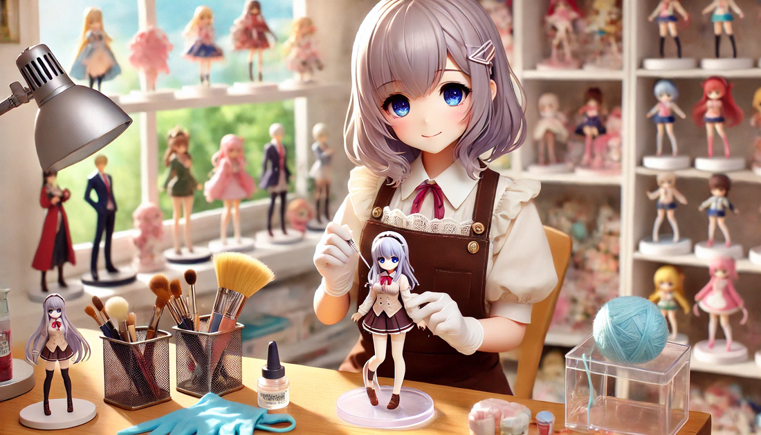 Anime-Stil Frau reinigt vorsichtig eine Figur mit Pinsel und Tuch an einem Schreibtisch, umgeben von lebendigen Farben und Regalen mit Figuren.